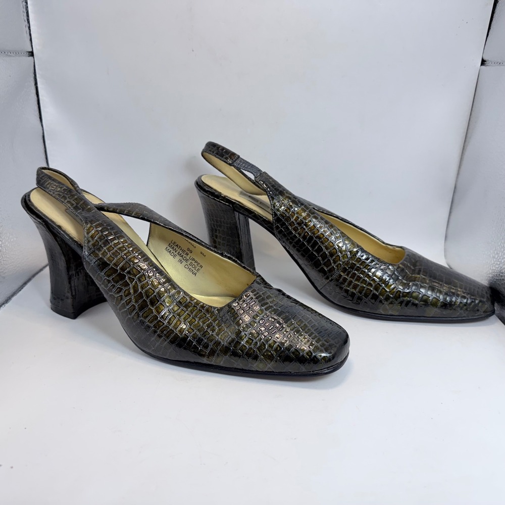 Bellini Charm Green Croc‎ Embossed Leather Slingback Block Heels Size 9M